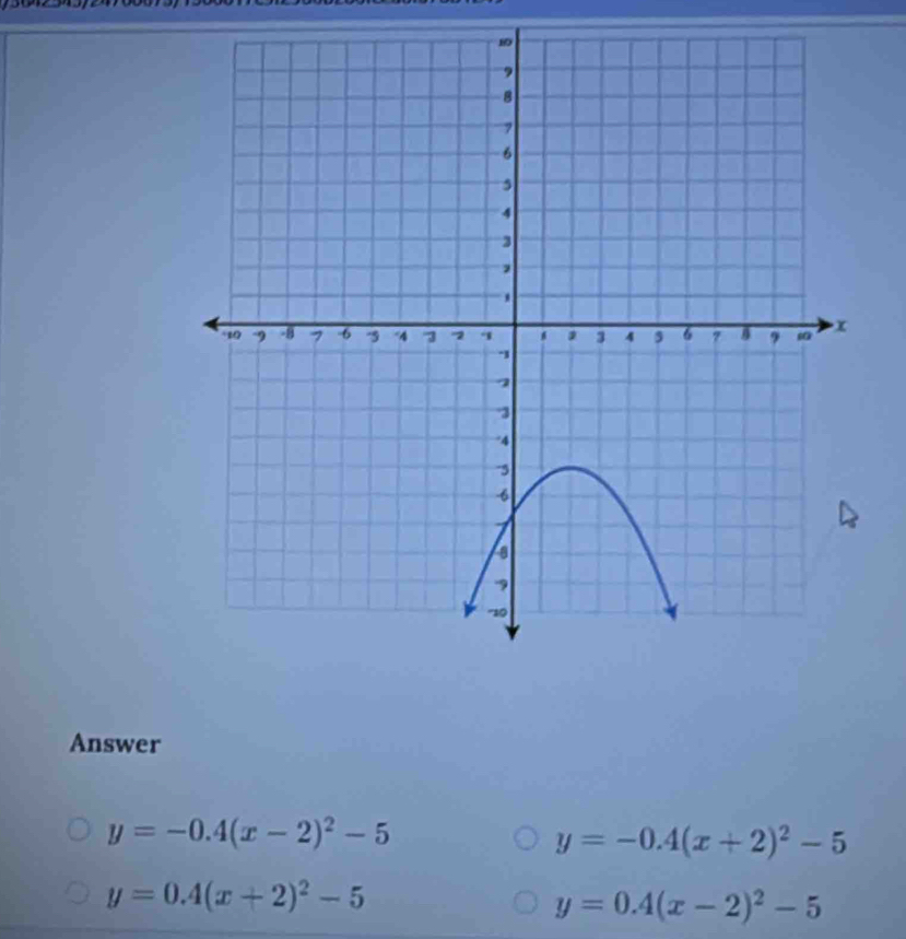 Answer
y=-0.4(x-2)^2-5
y=-0.4(x+2)^2-5
y=0.4(x+2)^2-5
y=0.4(x-2)^2-5