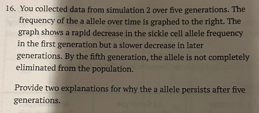 You collected data from simulation 2 over five generations. The 
frequency of the a allele over time is graphed to the right. The 
graph shows a rapid decrease in the sickle cell allele frequency 
in the first generation but a slower decrease in later 
generations. By the fifth generation, the allele is not completely 
eliminated from the population. 
Provide two explanations for why the a allele persists after five 
generations.