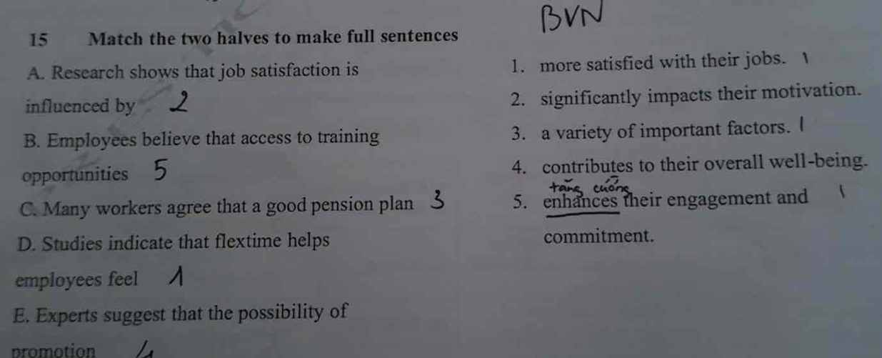 Match the two halves to make full sentences 
A. Research shows that job satisfaction is 1. more satisfied with their jobs. I 
influenced by 
2. significantly impacts their motivation. 
B. Employees believe that access to training 3. a variety of important factors. 
opportunities 4. contributes to their overall well-being. 
C. Many workers agree that a good pension plan 5. enhances their engagement and 
D. Studies indicate that flextime helps commitment. 
employees feel 
E. Experts suggest that the possibility of 
promotion