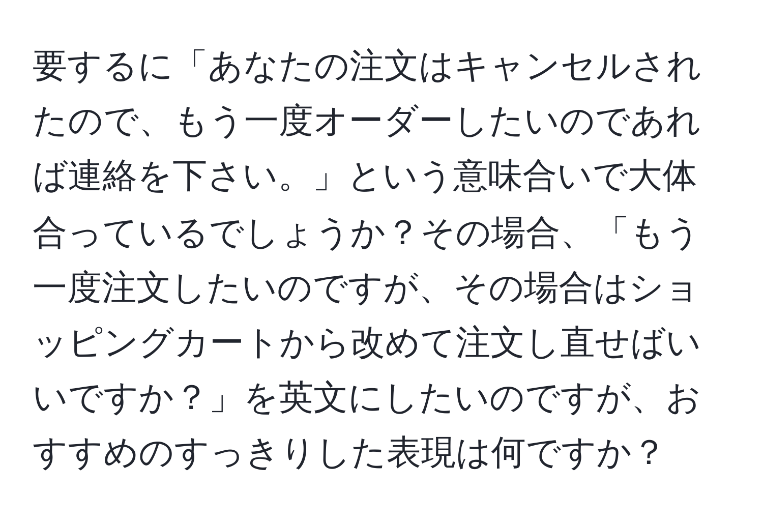 要するに「あなたの注文はキャンセルされたので、もう一度オーダーしたいのであれば連絡を下さい。」という意味合いで大体合っているでしょうか？その場合、「もう一度注文したいのですが、その場合はショッピングカートから改めて注文し直せばいいですか？」を英文にしたいのですが、おすすめのすっきりした表現は何ですか？