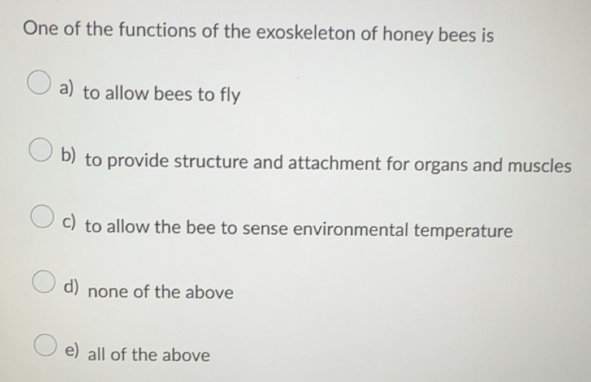 Solved: One of the functions of the exoskeleton of honey bees is a) to ...