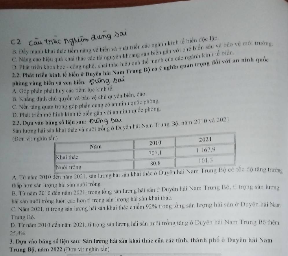 B. Đây mạnh khai thác tiểm năng về biển và phát triển các ngành kinh tế biển độc lập
C. Năng cao hiệu quả khai thác các tài nguyên khoáng sản biến gần với chế biến sâu và báo vệ môi trường.
D. Phát triển khoa học - công nghệ, khai thác hiệu quả thể mạnh của các ngành kinh tế biển.
2.2. Phát triển kinh tế biển ở Duyên hải Nam Trung Bộ có ý nghĩa quan trọng đối với an ninh quốc
phòng vùng biển và ven biển.
A. Gốp phần phát huy các tiểm lực kinh tế.
B. Khẳng định chủ quyền và bão vệ chủ quyền biển, đảo.
C. Nền táng quan trọng góp phần cùng có an ninh quốc phòng.
D. Phát triển mô hình kinh tế biển gần với an ninh quốc phòng.
2.3. Dựa vào bảng số liệu sau: 4
Sân lượng  khai thác và nuôi trồng ở Duyên hải Nam Trung Bộ, năm 2010 và 2021
(Đơn vị: ng
A. Từ năm 2010 đến năm 2021, sản lượng hải sản khai thác ở Duyêộ tăng trưởng
thấp hơn sản lượng hải sản nuôi trồng.
B. Từ năm 2010 đến năm 2021, trong tổng sản lượng hải sản ở Duyên hải Nam Trung Bộ, tỉ trọng sản lượng
hải sản nuôi trồng luôn cao hơn tỉ trọng sản lượng hải sản khai thác.
C. Năm 2021, tỉ trọng sản lượng hải sản khai thác chiếm 92% trong tổng sản lượng hải sản ở Duyên hải Nam
Trung Bộ.
D. Từ năm 2010 đến năm 2021, tỉ trọng sản lượng hải sản nuôi trồng tăng ở Duyên hải Nam Trung Bộ thêm
25,4%.
3. Dựa vào băng số liệu sau: Sân lượng hải sản khai thác của các tỉnh, thành phố ở Duyên hải Nam
Trung Bộ, năm 2022 (Đơn vị: nghìn tần)