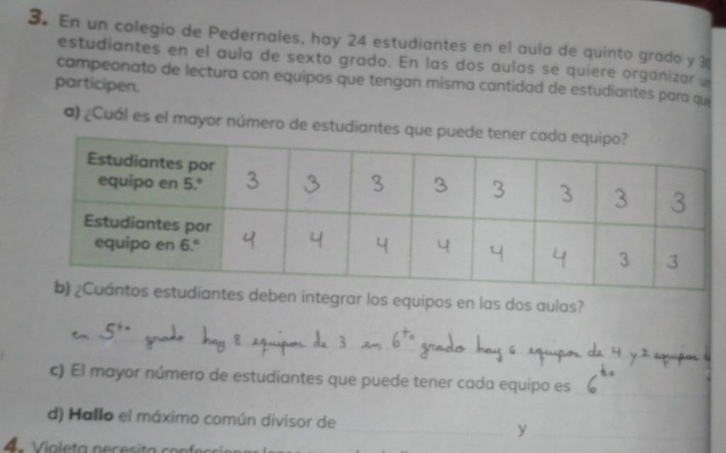 En un colegio de Pedernales, hay 24 estudiantes en el aula de quinto grado y 3
estudiantes en el aula de sexto grado. En las dos aulas se quiere organizar u 
campeonato de lectura con equipos que tengan misma cantidad de estudiantes para que 
participen. 
a) ¿Cuál es el mayor número de estudiantes que 
es deben integrar los equipos en las dos aulas? 
_ 
_ 
_ 
_ 
_ 
c) El mayor número de estudiantes que puede tener cada equipo es_ 
d) Hallo el máximo común divisor de 
__y