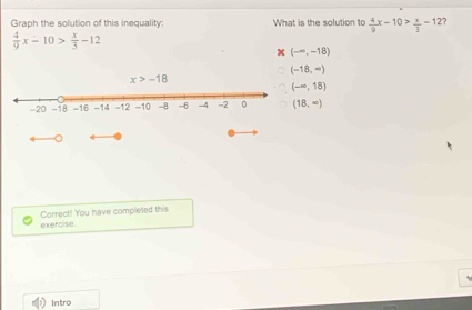 Graph the solution of this inequality: What is the solution to  4/9 x-10> x/3 -12 ?
 4/9 x-10> x/3 -12
(-∈fty ,-18)
(-18,-)
(-∈fty ,18)
(18,∈fty )
a
exercise. Correct! You have complesed this
Intro