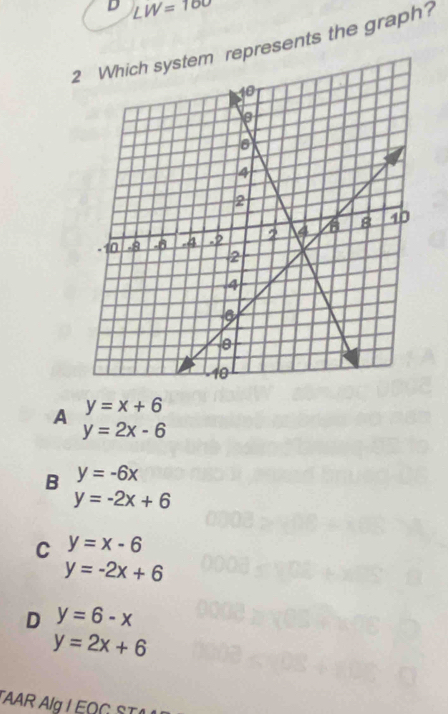 LW=100
2m represents the graph?
A y=x+6
y=2x-6
B y=-6x
y=-2x+6
C y=x-6
y=-2x+6
D y=6-x
y=2x+6
TAAR Alg I EQG ST1