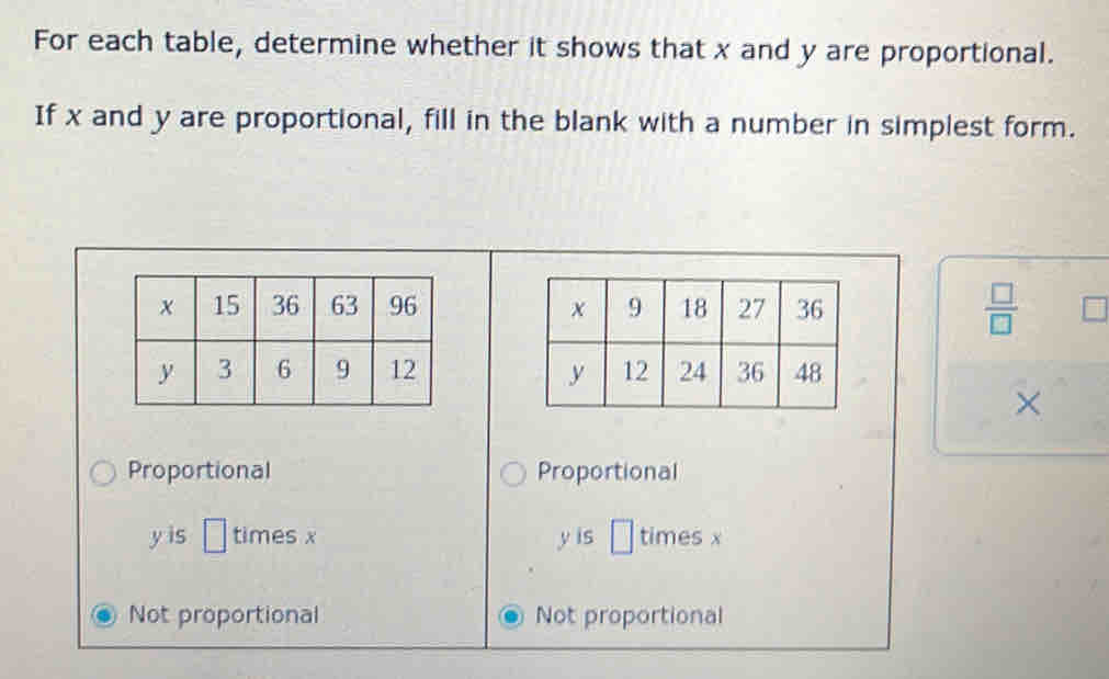 For each table, determine whether it shows that x and y are proportional.
If x and y are proportional, fill in the blank with a number in simplest form.
 □ /□   

×
Proportional Proportional
yis□
y is □ times x times x
Not proportional Not proportional