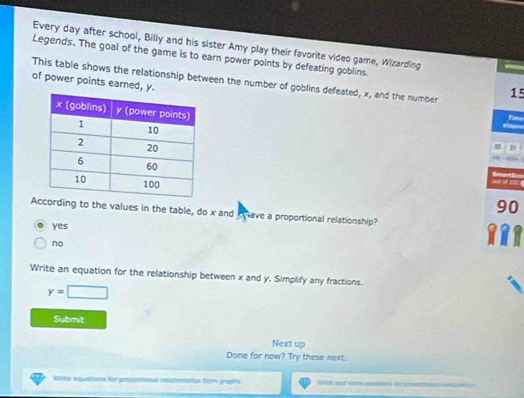 Every day after school, Billy and his sister Amy play their favorite video game, Wizarding
Legends. The goal of the game is to earn power points by defeating goblins.
This table shows the relationship between the number of goblins defeated, x, and the number
of power points earned, y.
15
Time
21
SecartScs

90
According to the values in the table, do x and have a proportional relationship?
yes
no
Write an equation for the relationship between x and y, Simplify any fractions.
y=□
Submit
Next up
Done for now? Try these next:
Maite equations for prtiporatal nntidionónias fom grephs