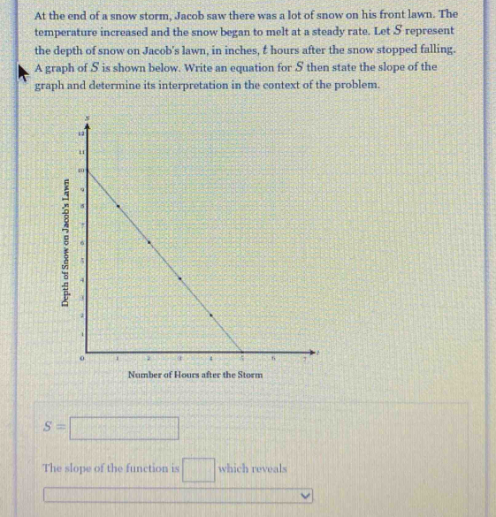 At the end of a snow storm, Jacob saw there was a lot of snow on his front lawn. The 
temperature increased and the snow began to melt at a steady rate. Let S represent 
the depth of snow on Jacob's lawn, in inches, t hours after the snow stopped falling. 
A graph of S is shown below. Write an equation for S then state the slope of the 
graph and determine its interpretation in the context of the problem. 
Number of Hours after the Storm
S=□
The slope of the function is □ which reveals