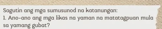 Sagutin ang mga sumusunod na katanungan: 
1. Ano-ano ang mga likas na yaman na matatagpuan mula 
sa yamang gubat?