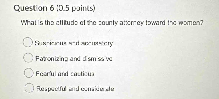 What is the attitude of the county attorney toward the women?
Suspicious and accusatory
Patronizing and dismissive
Fearful and cautious
Respectful and considerate