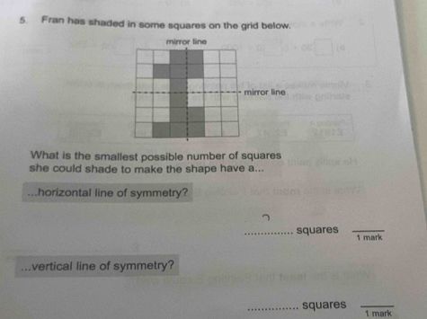 Fran has shaded in some squares on the grid below. 
mirror line 
mirror line 
What is the smallest possible number of squares 
she could shade to make the shape have a... 
...horizontal line of symmetry? 
_squares _1 mark 
vertical line of symmetry? 
_squares_ 
1 mark