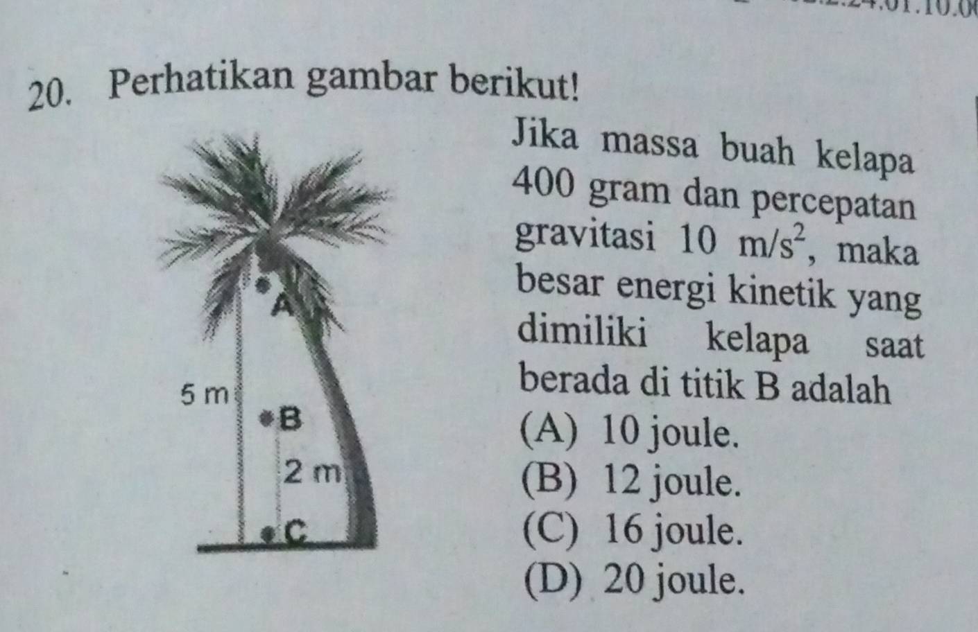 10.0
20. Perhatikan gambar berikut!
Jika massa buah kelapa
400 gram dan percepatan
gravitasi 10m/s^2 , maka
besar energi kinetik yang
A
dimiliki kelapa saat
5 m
berada di titik B adalah
B
(A) 10 joule.
2 m
(B) 12 joule.
C (C) 16 joule.
(D) 20 joule.