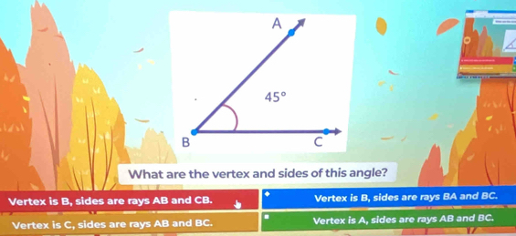 What are the vertex and sides of this angle?
Vertex is B, sides are rays AB and CB. * Vertex is B, sides are rays BA and BC.
Vertex is C, sides are rays AB and BC. Vertex is A, sides are rays AB and BC.