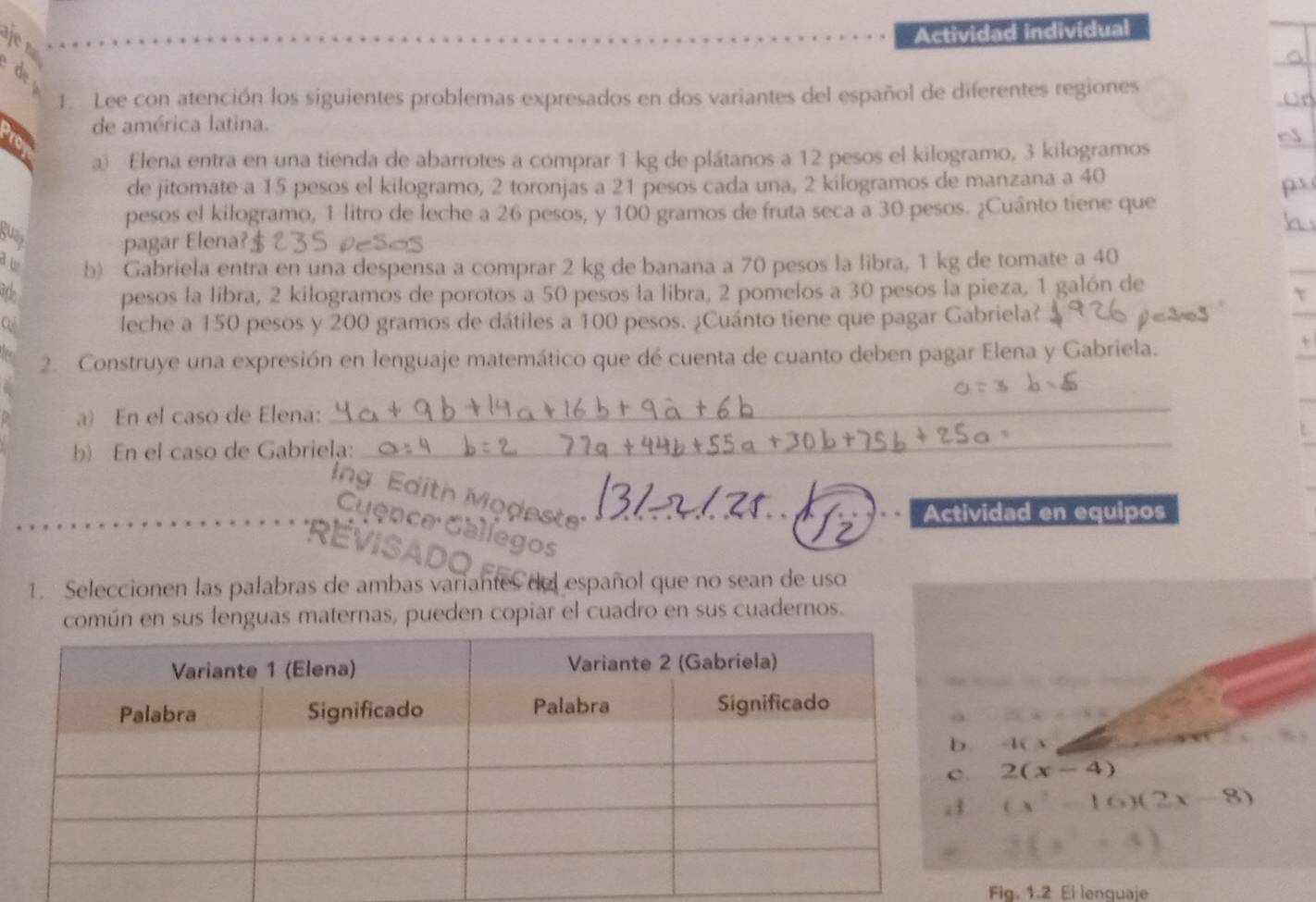 Actividad individual 
1. Lee con atención los siguientes problemas expresados en dos variantes del español de diferentes regiones 
de américa latina. 
a) Elena entra en una tienda de abarrotes a comprar 1 kg de plátanos a 12 pesos el kilogramo, 3 kilogramos
de jitomate a 15 pesos el kilogramo, 2 toronjas a 21 pesos cada una, 2 kilogramos de manzana a 40
pesos el kilogramo, 1 litro de leche a 26 pesos, y 100 gramos de fruta seca a 30 pesos. ¿Cuánto tiene que 
gues 
pagar Elena? 
a w b) Gabriela entra en una despensa a comprar 2 kg de banana a 70 pesos la libra, 1 kg de tomate a 40
a 
pesos la líbra, 2 kilogramos de porotos a 50 pesos la libra, 2 pomelos a 30 pesos la pieza, 1 galón de 
Cả 
leche a 150 pesos y 200 gramos de dátiles a 100 pesos. ¿Cuánto tiene que pagar Gabriela? 
2. Construye una expresión en lenguaje matemático que dé cuenta de cuanto deben pagar Elena y Gabriela. 
a) En el caso de Elena: 
_ 
b) En el caso de Gabriela: 
_ 
_ C u ệng _Actividad en equipos 
1. Seleccionen las palabras de ambas variantes del español que no sean de uso 
común en sus lenguas maternas, pueden copiar el cuadro en sus cuadernos. 
4( 3
2(x-4)
(x^2-16)(2x-8)
^circ  [x^2=4
Fig. 1.2 El lenguaje