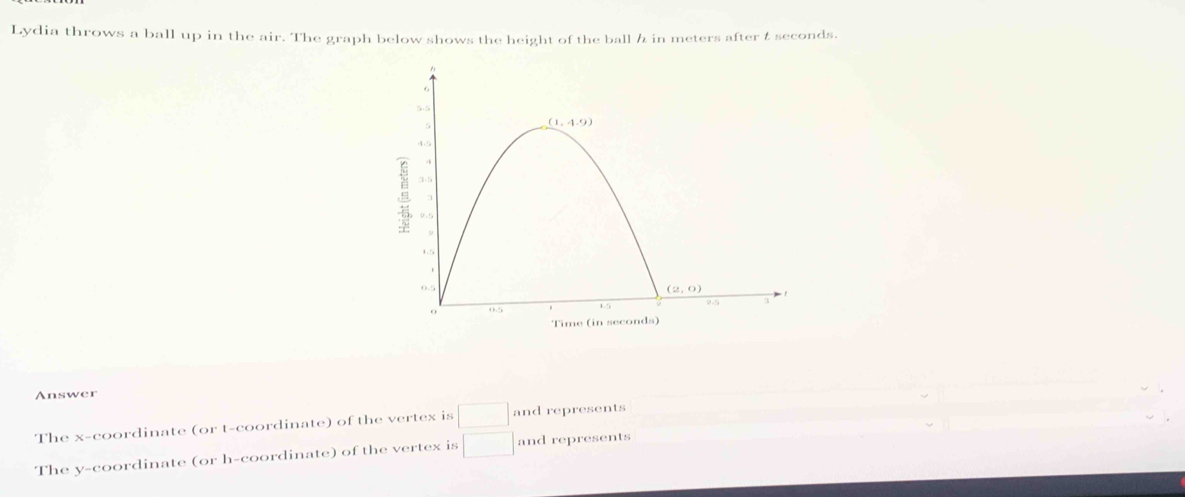 Lydia throws a ball up in the air. The graph below shows the height of the ball / in meters after t seconds.
Answer
The x-coordinate (or t-coordinate) of the vertex is □ and represents □ 
The y-coordinate (or h-coordinate) of the vertex is □ and represents