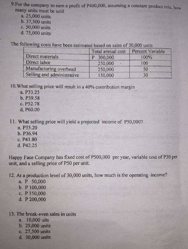 For the company to earn a profit of P400,000, assuming a constant product mix, how
many units must be sold
a. 25,000 units
b. 37,500 units
c. 50,000 units
d. 75,000 units
The following costs have been estimated based on sales of 30,000 units
10.What selling price will result in a 40% contribution margin
a. P33.25
b. P39.58
c. P52.78
d, P60.00
11. What selling price will yield a projected income of P50,000?
a. P35.20
b. P36.94
c. P41.80
d. P42.25
Happy Face Company has fixed cost of P500,000 per year, variable cost of P30 per
unit, and a selling price of P50 per unit.
12. At a production level of 30,000 units, how much is the operating income?
a. P 50,000
b. P 100,000
c. P 150,000
d. P 200,000
13. The break-even sales in units
a. 10,000 uits
b. 25,000 units
c. 27,500 units
d. 30,000 units