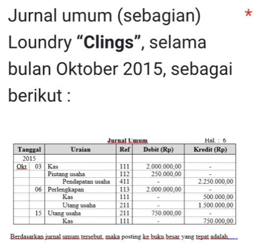 Jurnal umum (sebagian) * 
Loundry “Clings”, selama 
bulan Oktober 2015, sebagai 
berikut : 
Berdasarkan jurnal umum tersebut, maka posting ke buku besar yang tepat adalah....