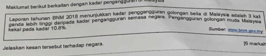 Maklumat berikut berkaitan dengan kadar pengangguran uf Malaysia 
Laporan tahunan BNM 2018 menunjukkan kadar penggangguran golongan belia di Malaysia adalah 3 kali 
ganda lebih tinggi daripada kadar pengangguran semasa negara, Pengängguran golongan muda Malaysia 
kekal pada kadar 10.8%. 
Sumber: www.bnm.gov.my 
Jelaskan kesan tersebut terhadap negara. 
[6 marka