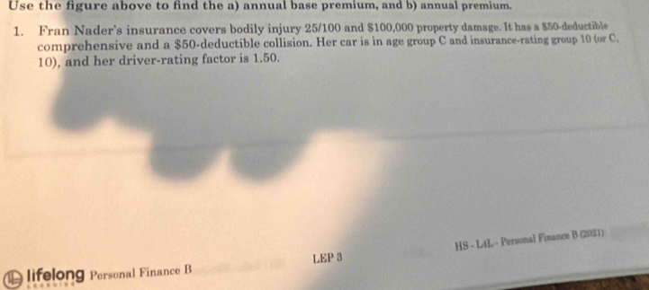 Use the figure above to find the a) annual base premium, and b) annual premium. 
1. Fran Nader's insurance covers bodily injury 25/100 and $100,000 property damage. It has a $50 -deductible 
comprehensive and a $50 -deductible collision. Her car is in age group C and insurance-rating group 10 (or C. 
10), and her driver-rating factor is 1.50. 
D lifelong Personal Finance B LEP 3 HS - L4L - Personal Finance B (2021)