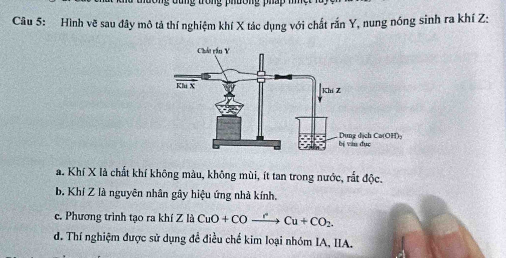 Hình vẽ sau đây mô tả thí nghiệm khí X tác dụng với chất rắn Y, nung nóng sinh ra khí Z:
a. Khí X là chất khí không màu, không mùi, ít tan trong nước, rất độc.
b. Khí Z là nguyên nhân gây hiệu ứng nhà kính.
c. Phương trình tạo ra khí Z là CuO+COxrightarrow I°Cu+CO_2.
d. Thí nghiệm được sử dụng để điều chế kim loại nhóm IA, IIA.