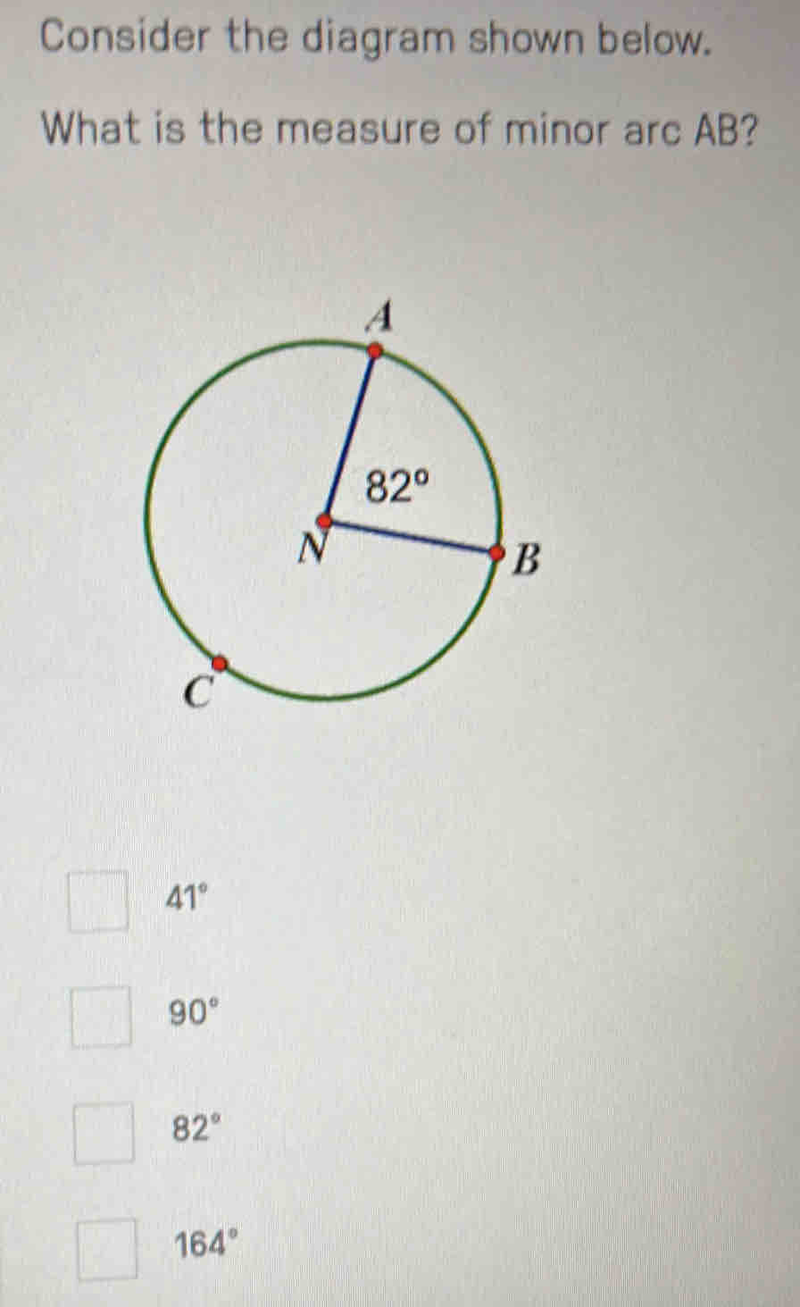 Consider the diagram shown below.
What is the measure of minor arc AB?
41°
90°
82°
164°