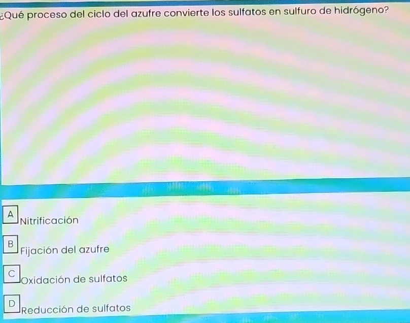 ¿Qué proceso del ciclo del azufre convierte los sulfatos en sulfuro de hidrógeno?
A
Nitrificación
B
Fijación del azufre
C
Oxidación de sulfatos
D
Reducción de sulfatos