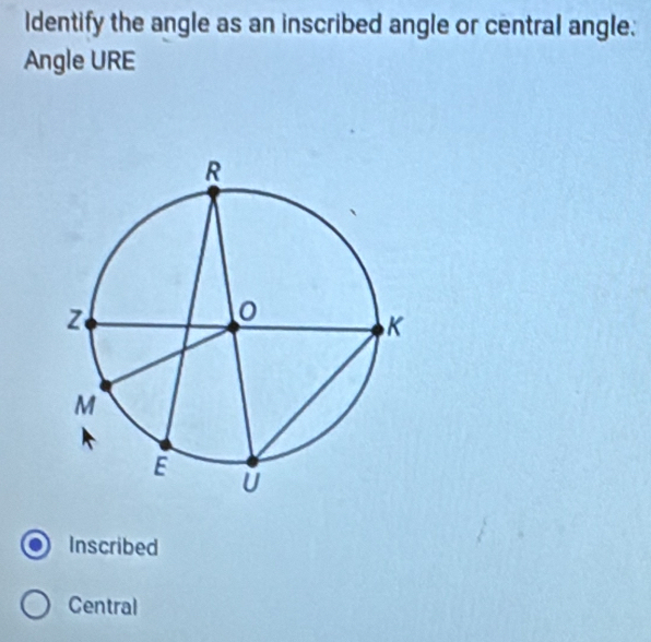 Identify the angle as an inscribed angle or central angle:
Angle URE
Inscribed
Central