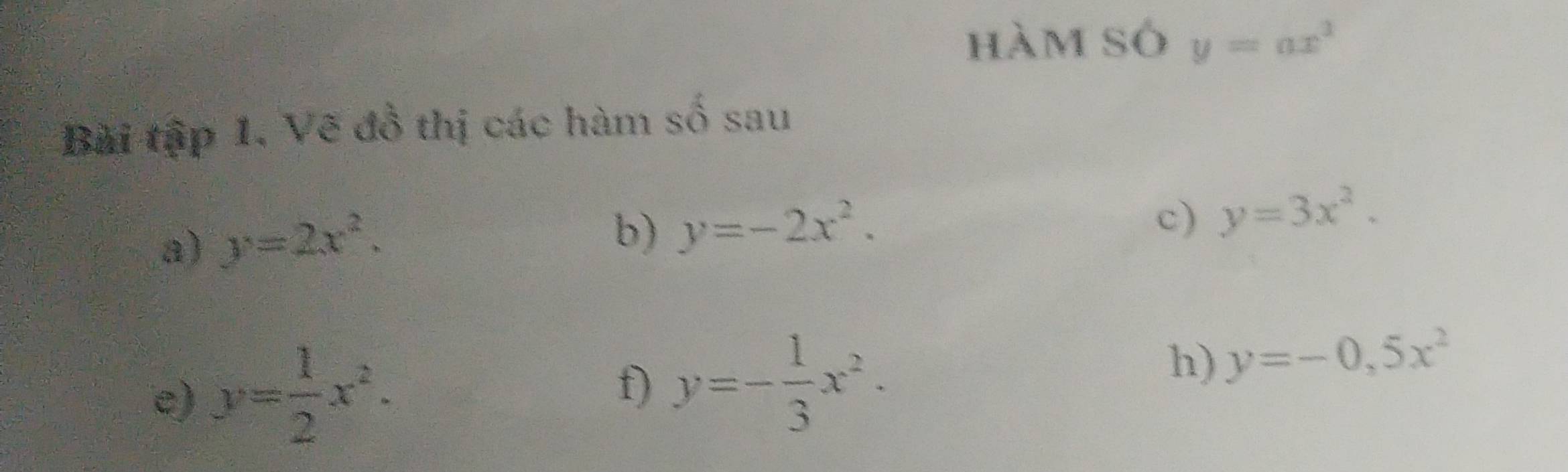 hàm só y=ax^3
Bài tập 1, Vẽ đồ thị các hàm số sau 
a) y=2x^2. 
b) y=-2x^2. c) y=3x^2. 
e) y= 1/2 x^2. 
f) y=- 1/3 x^2. 
h) y=-0, 5x^2