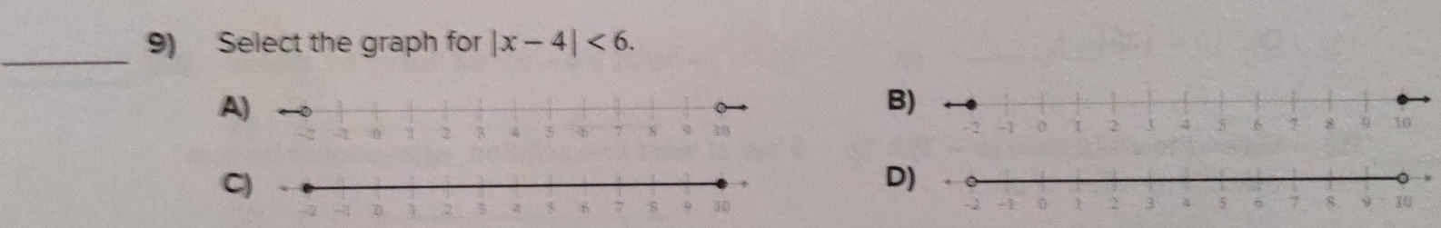 Select the graph for |x-4|<6</tex>. 
A 
B 
C 
D