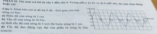 PHAN 11. Thí sinh trà lời từ câu 1 đến câu 4. Trong mỗi ý s), 4), 4), đ) ở mỗi câu, ti sinh đhọc đông 
hoặe sai. 
Câu 1. Hình bên mô tả đồ thị lì độ - thời gian của một 
sóng cơ họe. 
a) Biên độ của sóng là 2 cm. 
b) Tần số của sóng là 50 Hz. 
e) Biết tốc độ của sóng là 5 m/s thì bước sóng là 1 cm
đ) Tốc độ dao động cực đại của phần từ sóng là 
(cm/s).