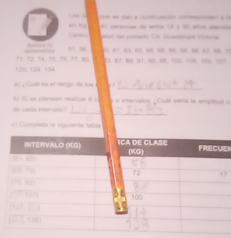 Law d tve en dan a continuación corresponden a lo
en Mạ 40 persors de entre 18 y 30 años atendid
Centro elud del poblado Cd. Guadalupe Victoria
Aplíca 1o 51.56 60.61.63.65.66.66.66.66.66.67.68.76
71. 72, 74. 75.75.77. 80. 93, 87, 89.91,95.96. 102, 105. 105, 107.
1,20、 1,24、 1.34
Cuál es el rango de los s?_
b) Si se planean realizar 6 c o intervalos ¿Cuál seria la ampltud o
_
_
de cada intervalo?
c) Compieta la siguiente tabla
en
7