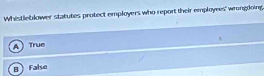 Whistleblower statutes protect employers who report their employees' wrongdoing
A True
B False