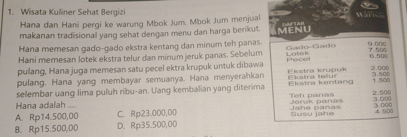 Wisata Kuliner Sehat Bergizi
Hana dan Hani pergi ke warung Mbok Jum. Mbok Jum menjual
Warisa
DAFTAR
makanan tradisional yang sehat dengan menu dan harga berikut. MENU
Hana memesan gado-gado ekstra kentang dan minum teh panas.
Gado-Gado
9.000
7.500
Hani memesan lotek ekstra telur dan minum jeruk panas. Sebelum Lotek 6.500
Pecel
pulang, Hana juga memesan satu pecel ektra krupuk untuk dibawa 2.000
Ekstra krupuk
pulang. Hana yang membayar semuanya. Hana menyerahkan Ekstra telur 3.500
selembar uang lima puluh ribu-an. Uang kembalian yang diterima Ekstra kentang 1.500
Teh panas 2.500
3.000
Hana adalah .... Jeruk panas 3.000
Jahe panas
A. Rp14.500,00 C. Rp23.000,00 Susu jahe
4.500
B. Rp15.500,00 D. Rp35.500,00