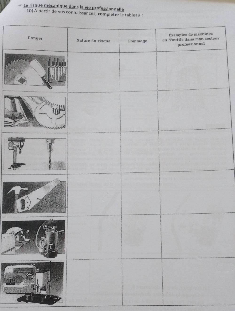 Le risque mécanique dans la vie professionnelle 
10) A partir de vos connaissances, compléter le tableau :