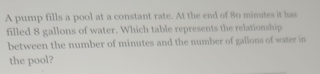 A pump fills a pool at a constant rate. At the end of 80 minutes it has 
filled 8 gallons of water. Which table represents the relationship 
between the number of minutes and the number of gallons of water in 
the pool?