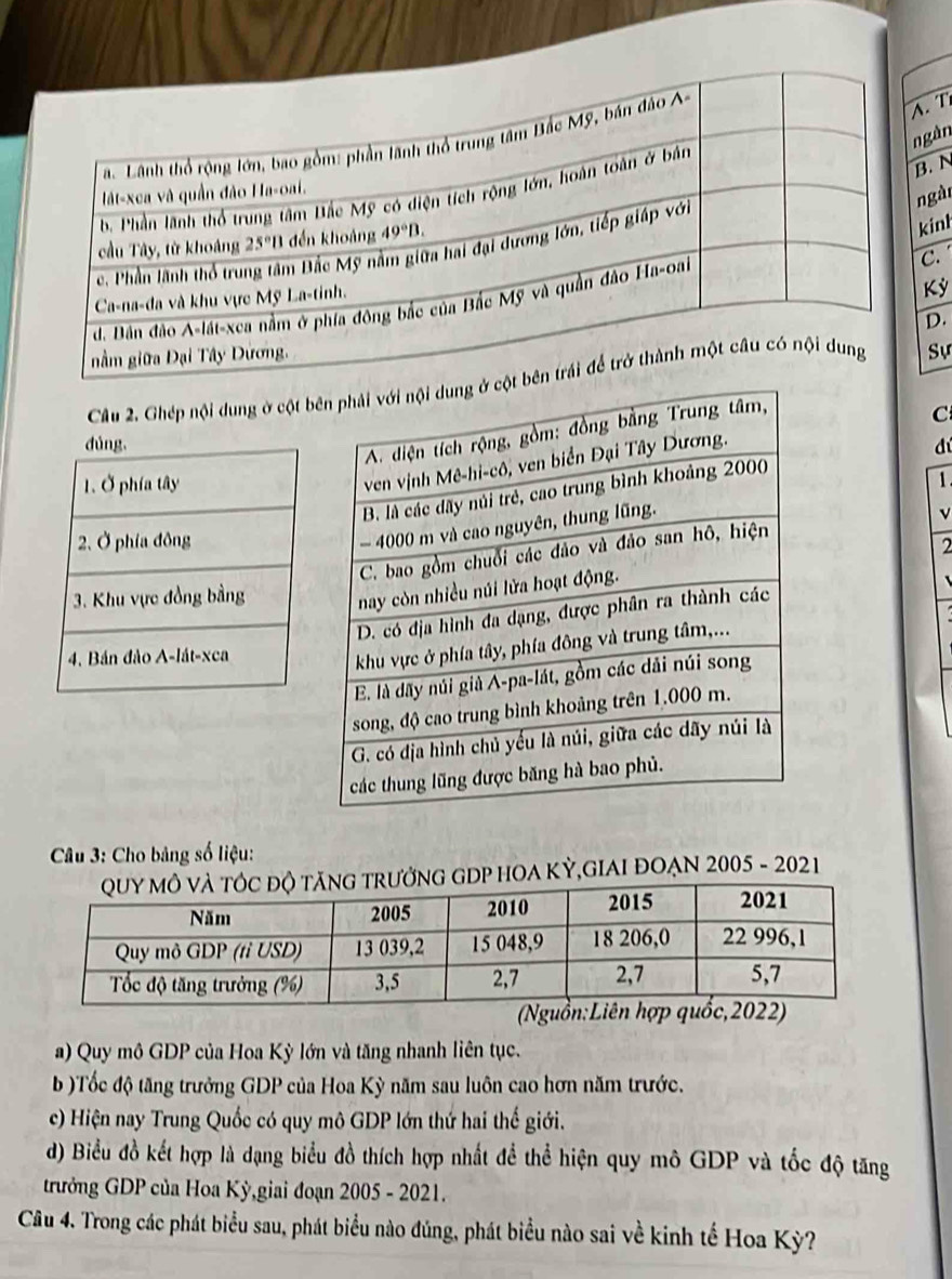 gàn
. N
gài
inl
C. 
K ỳ
D.
Cầu 2. Ghép nội dung ở cột bSự
C
dú
1 .
v
2
Câu 3: Cho bảng số liệu:
GDP HOA KỲ,GIAI ĐOẠN 2005 - 2021
a) Quy mô GDP của Hoa Kỳ lớn và tăng nhanh liên tục.
b )Tốc độ tăng trưởng GDP của Hoa Kỳ năm sau luôn cao hơn năm trước.
c) Hiện nay Trung Quốc có quy mô GDP lớn thứ hai thế giới.
d) Biểu đồ kết hợp là dạng biểu đồ thích hợp nhất để thể hiện quy mô GDP và tốc độ tăng
trưởng GDP của Hoa Kỳ,giai đoạn 2005 - 2021.
Câu 4. Trong các phát biểu sau, phát biểu nào đúng, phát biểu nào sai về kinh tế Hoa Kỳ?