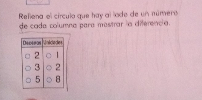 Rellena el círculo que hay al lado de un número 
de cada columna para mostrar la diferencia.