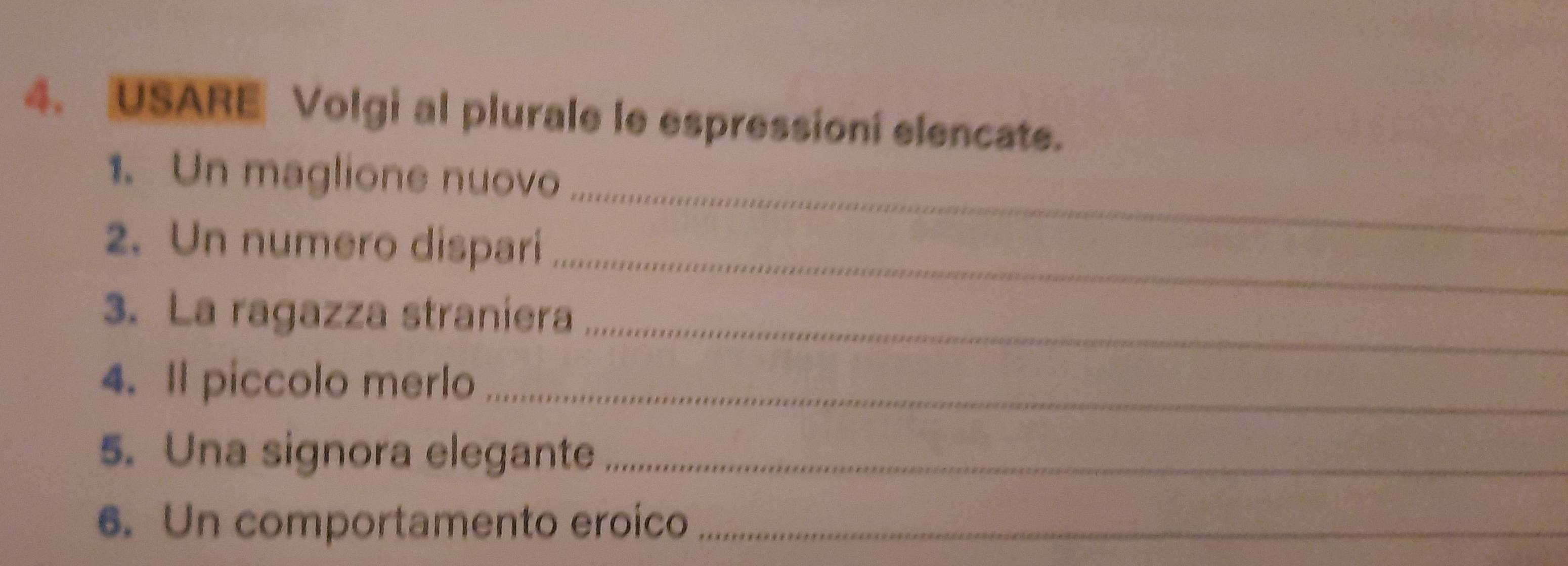 USARE Volgi al plurale le espressioni elencate. 
_ 
1. Un maglione nuovo 
_ 
2. Un numero dispari 
3. La ragazza straniera_ 
4. Il piccolo merlo_ 
5. Una signora elegante_ 
6. Un comportamento eroico_