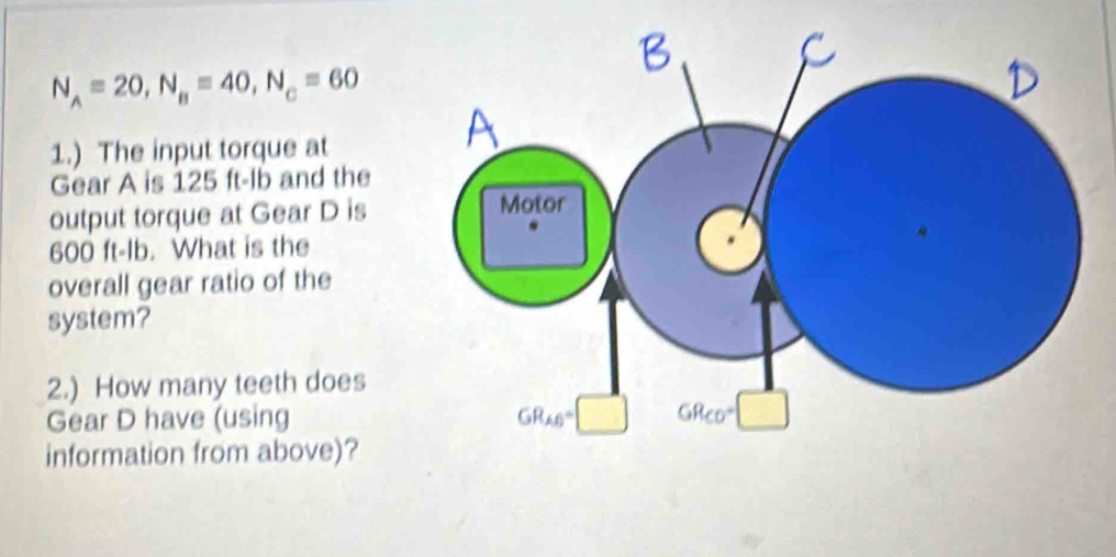 N_A=20,N_B=40,N_C=60
1.) The input torque at
Gear A is 125 ft-lb and the
output torque at Gear D is
600 ft-Ib. What is the
overall gear ratio of the
system?
2.) How many teeth does
Gear D have (using
information from above)?