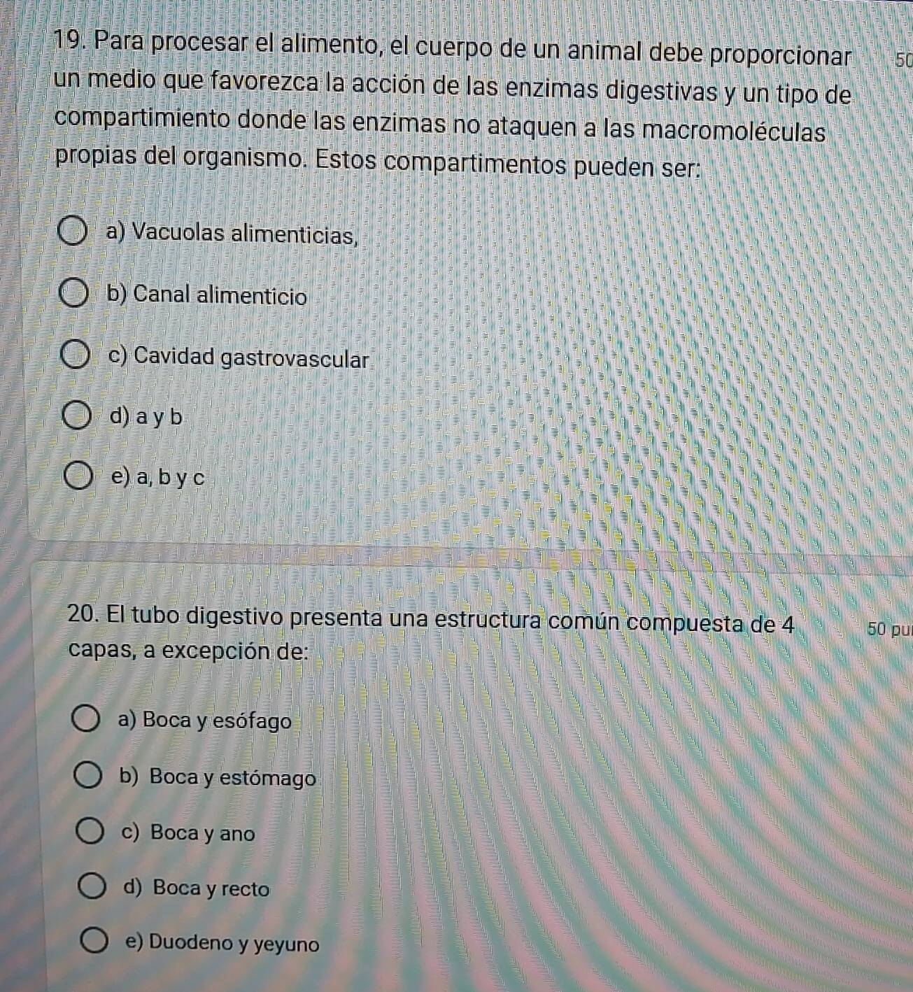 Para procesar el alimento, el cuerpo de un animal debe proporcionar 50
un medio que favorezca la acción de las enzimas digestivas y un tipo de
compartimiento donde las enzimas no ataquen a las macromoléculas
propias del organismo. Estos compartimentos pueden ser:
a) Vacuolas alimenticias,
b) Canal alimenticio
c) Cavidad gastrovascular
d) a y b
e) a, b y c
20. El tubo digestivo presenta una estructura común compuesta de 4 50 pu
capas, a excepción de:
a) Boca y esófago
b) Boca y estómago
c) Boca y ano
d) Boca y recto
e) Duodeno y yeyuno