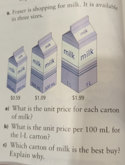 Fraser is shopping for milk. It is available 
in three sizes. 
milk 
milk 
milk milk 
milk milk
250 m² 250 mL
500 mL 500 mL
$0.59 $1.09
a) What is the unit price for each carton 
of milk? 
b What is the unit price per 100 mL for 
the l-L carton? 
← Which carton of milk is the best buy? 
Explain why.