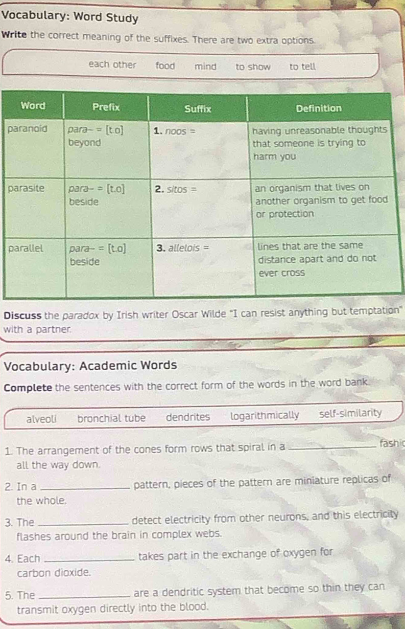 Vocabulary: Word Study
Write the correct meaning of the suffixes. There are two extra options.
each other food mind to show to tell
p
p
p
Discuss the paradox by Irish writer Oscar Wilde "I can resist anything but temptation"
with a partner.
Vocabulary: Academic Words
Complete the sentences with the correct form of the words in the word bank
alveoli bronchial tube dendrites logarithmically self-similarity
1. The arrangement of the cones form rows that spiral in a_
fashi
all the way down.
2. In a _pattern, pieces of the pattern are miniature replicas of
the whole.
3. The _detect electricity from other neurons, and this electricity
flashes around the brain in complex webs.
4. Each _takes part in the exchange of oxygen for
carbon dioxide.
5. The _are a dendritic system that become so thin they can
transmit oxygen directly into the blood.