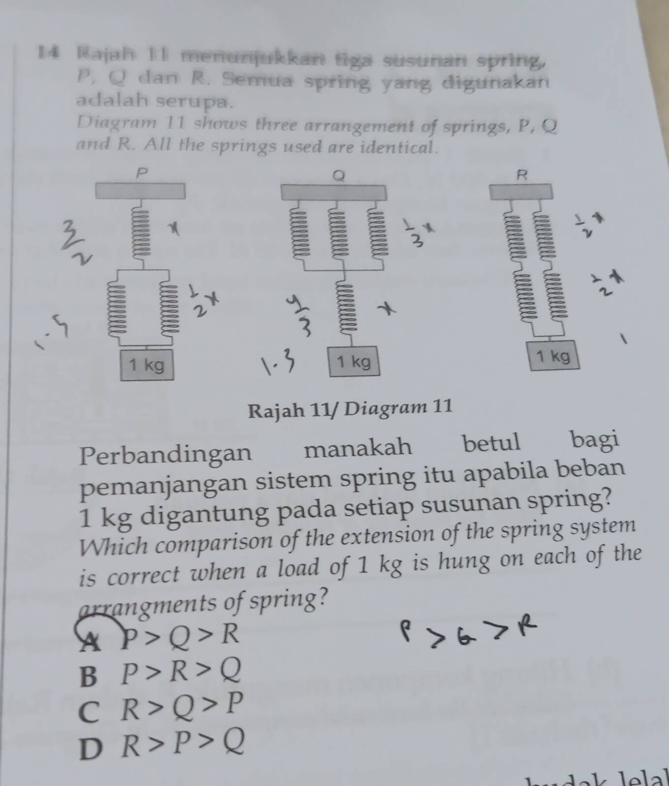 Rajah 11 menunjukkan tiga susunan spring,
P, Q dan R. Semua spring yang digunakan
adalah serupa.
Diagram 11 shows three arrangement of springs, P, Q
and R. All the springs used are identical.
P
R
2 I
1 kg
1 kg
Rajah 11/ Diagram 11
Perbandingan manakah betul bagi
pemanjangan sistem spring itu apabila beban
1 kg digantung pada setiap susunan spring?
Which comparison of the extension of the spring system
is correct when a load of 1 kg is hung on each of the
arrangments of spring?
A P>Q>R
B P>R>Q
C R>Q>P
D R>P>Q