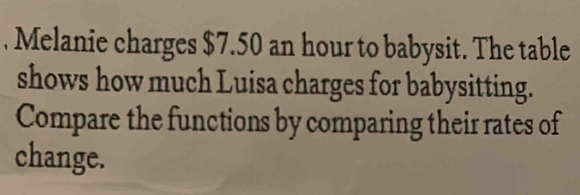 Melanie charges $7.50 an hour to babysit. The table 
shows how much Luisa charges for babysitting. 
Compare the functions by comparing their rates of 
change.