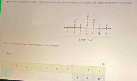 Yuman recorded the lengths, in feet, of several scraps of ribbon he has for a project. The lengths are shown in the line plot.
What is the total length of the two longest scraps of ribbon?
feer
0 1 2 3 4 5 6 7 8 9
1
