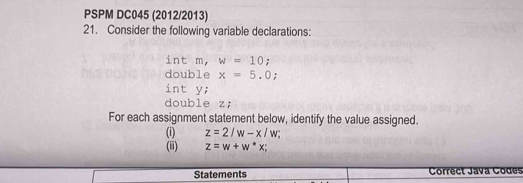 PSPM DC045 (2012/2013) 
21. Consider the following variable declarations: 
int m, w=10 : 
double x=5.0; 
int y; 
double z; 
For each assignment statement below, identify the value assigned. 
(i) z=2/w-x/w; 
(ii) z=w+w^x; 
Statements Correct Java Codes