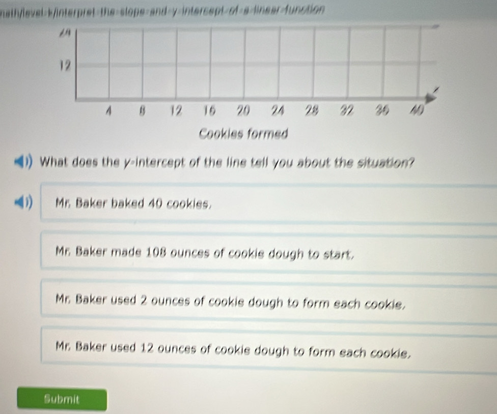 math/level>k/interpret-the-slope=and-y-intersept-of-a-linsar-function 
Cookies formed
What does the y-intercept of the line tell you about the situation?
( ) Mr. Baker baked 40 cookies.
Mr Baker made 108 ounces of cookie dough to start.
Mr. Baker used 2 ounces of cookie dough to form each cookie.
Mr. Baker used 12 ounces of cookie dough to form each cookie.
Submit