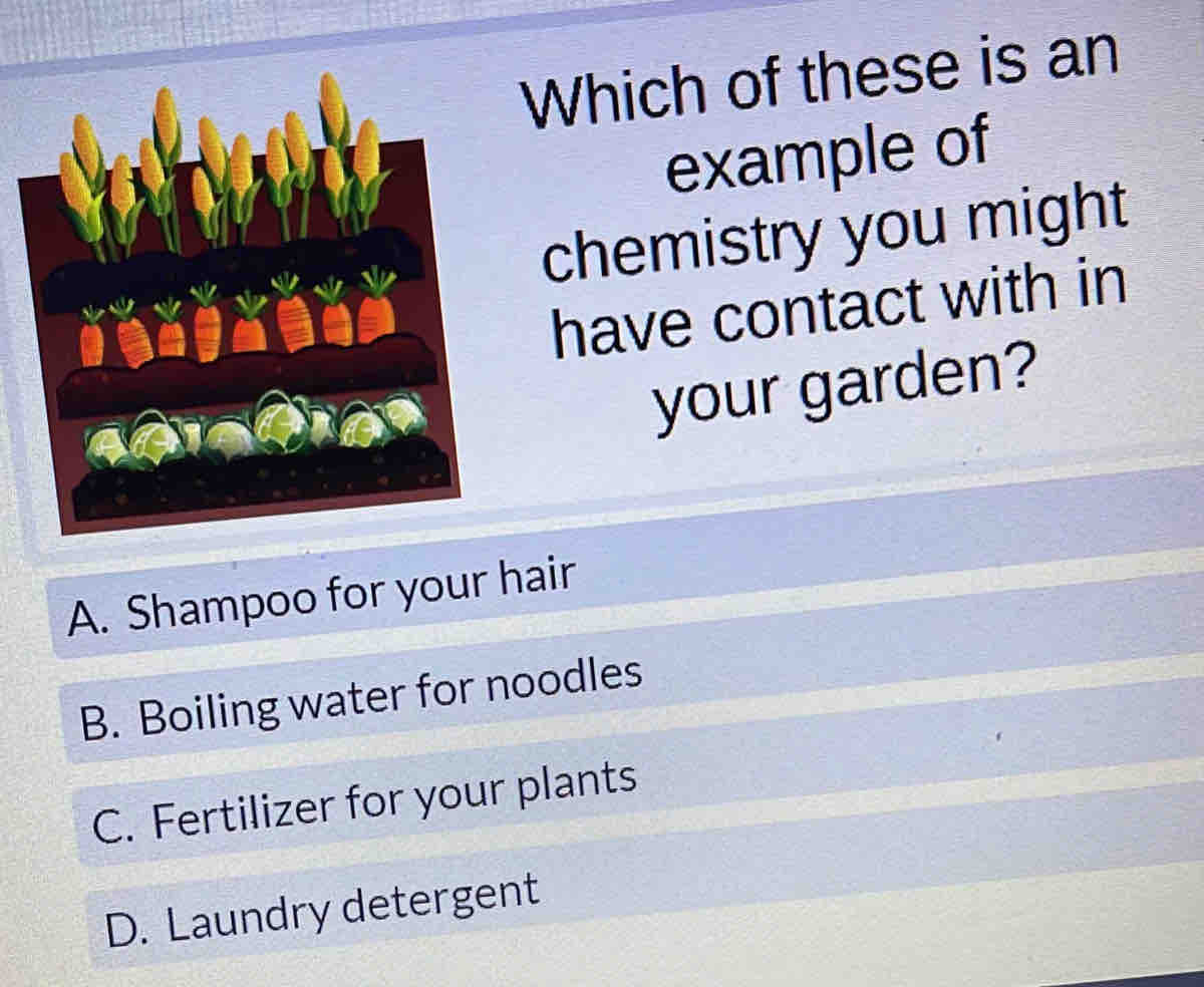 Which of these is an
example of
chemistry you might
have contact with in
your garden?
A. Shampoo for your hair
B. Boiling water for noodles
C. Fertilizer for your plants
D. Laundry detergent