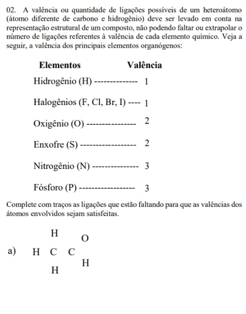 A valência ou quantidade de ligações possíveis de um heteroátomo 
(átomo diferente de carbono e hidrogênio) deve ser levado em conta na 
representação estrutural de um composto, não podendo faltar ou extrapolar o 
número de ligações referentes à valência de cada elemento químico. Veja a 
seguir, a valência dos principais elementos organógenos: 
Elementos Valência 
Hidrogênio (H) _ 1
Halogênios (F, Cl, Br, I) ---- 1
Oxigênio (O)_ 
2 
Enxofre (S)_ 2
Nitrogênio (N)_ 3
Fósforo (P) _3 
Complete com traços as ligações que estão faltando para que as valências dos 
átomos envolvidos sejam satisfeitas. 
a) Hbeginarrayr H HCC Hendarray _H^O