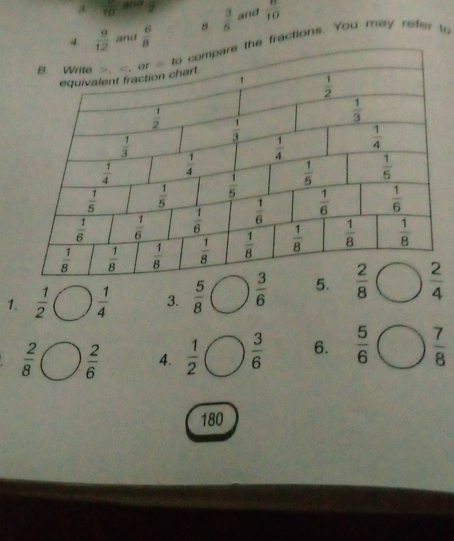 3 frac 10 and frac overline 12
 9/12  and  6/8  8  3/5  and  8/10 .  1/2 ( ) 1/4  3.  5/8   3/6  5.
 2/8  7°  2/6  4.  1/2   3/6  6.  5/6 
 7/8 
180